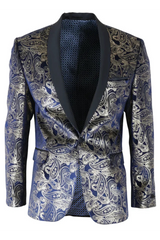 STZ63 - Blazer de esmoquin para hombre de terciopelo con estampado floral paisley azul y dorado