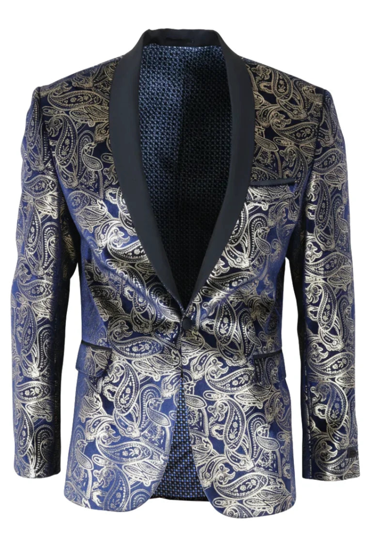 STZ63 - Blazer de esmoquin para hombre de terciopelo con estampado floral paisley azul y dorado