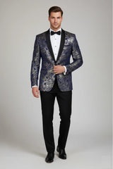 STZ63 - Blazer de esmoquin para hombre de terciopelo con estampado floral paisley azul y dorado