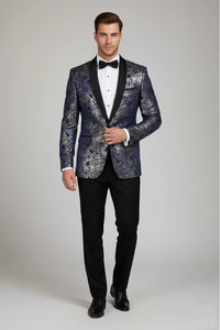 STZ63 - Blazer de esmoquin para hombre de terciopelo con estampado floral paisley azul y dorado