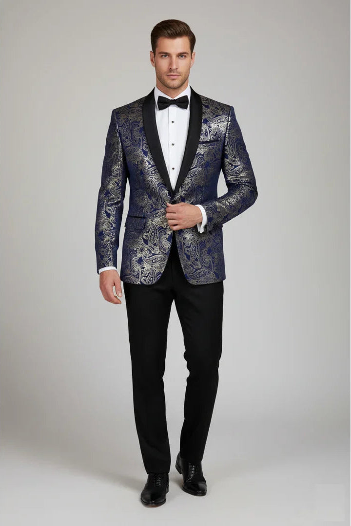 STZ63 - Blazer de esmoquin para hombre de terciopelo con estampado floral paisley azul y dorado