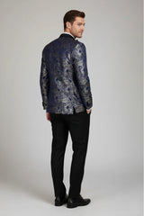 STZ63 - Blazer de esmoquin para hombre de terciopelo con estampado floral paisley azul y dorado