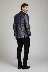 STZ63 - Blazer de esmoquin para hombre de terciopelo con estampado floral paisley azul y dorado
