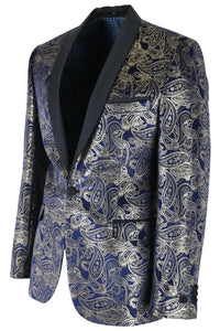 STZ63 - Blazer de esmoquin para hombre de terciopelo con estampado floral paisley azul y dorado