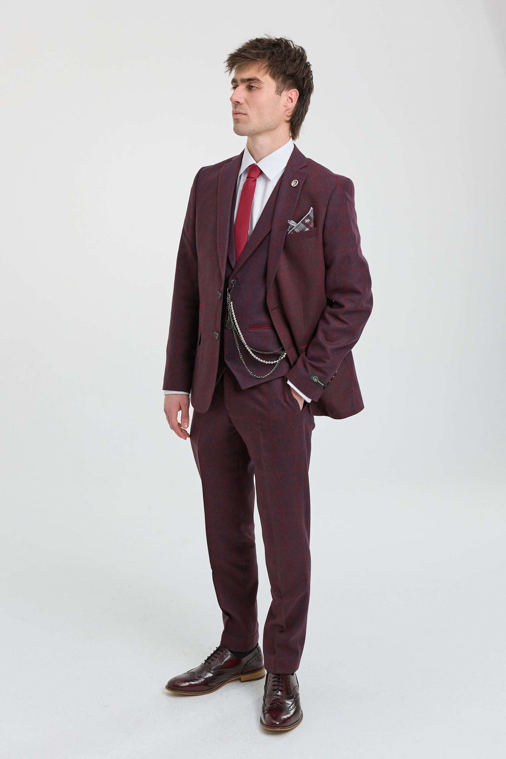 Traje de hombre de 3 piezas de tweed de lana color ciruela a cuadros, estilo Gatsby de los años 20.
