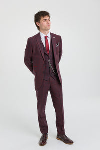 Traje de hombre de 3 piezas de tweed de lana color ciruela a cuadros, estilo Gatsby de los años 20.
