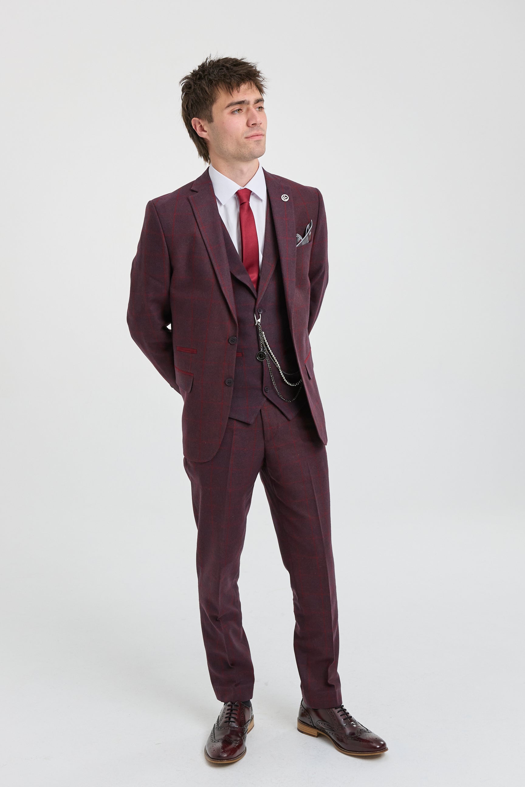 Traje de hombre de 3 piezas de tweed de lana color ciruela a cuadros, estilo Gatsby de los años 20.