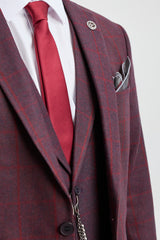 Traje de hombre de 3 piezas de tweed de lana color ciruela a cuadros, estilo Gatsby de los años 20.