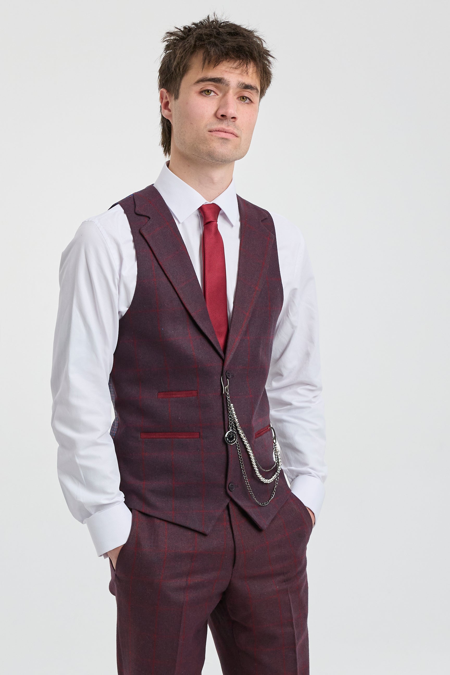 Traje de hombre de 3 piezas de tweed de lana color ciruela a cuadros, estilo Gatsby de los años 20.