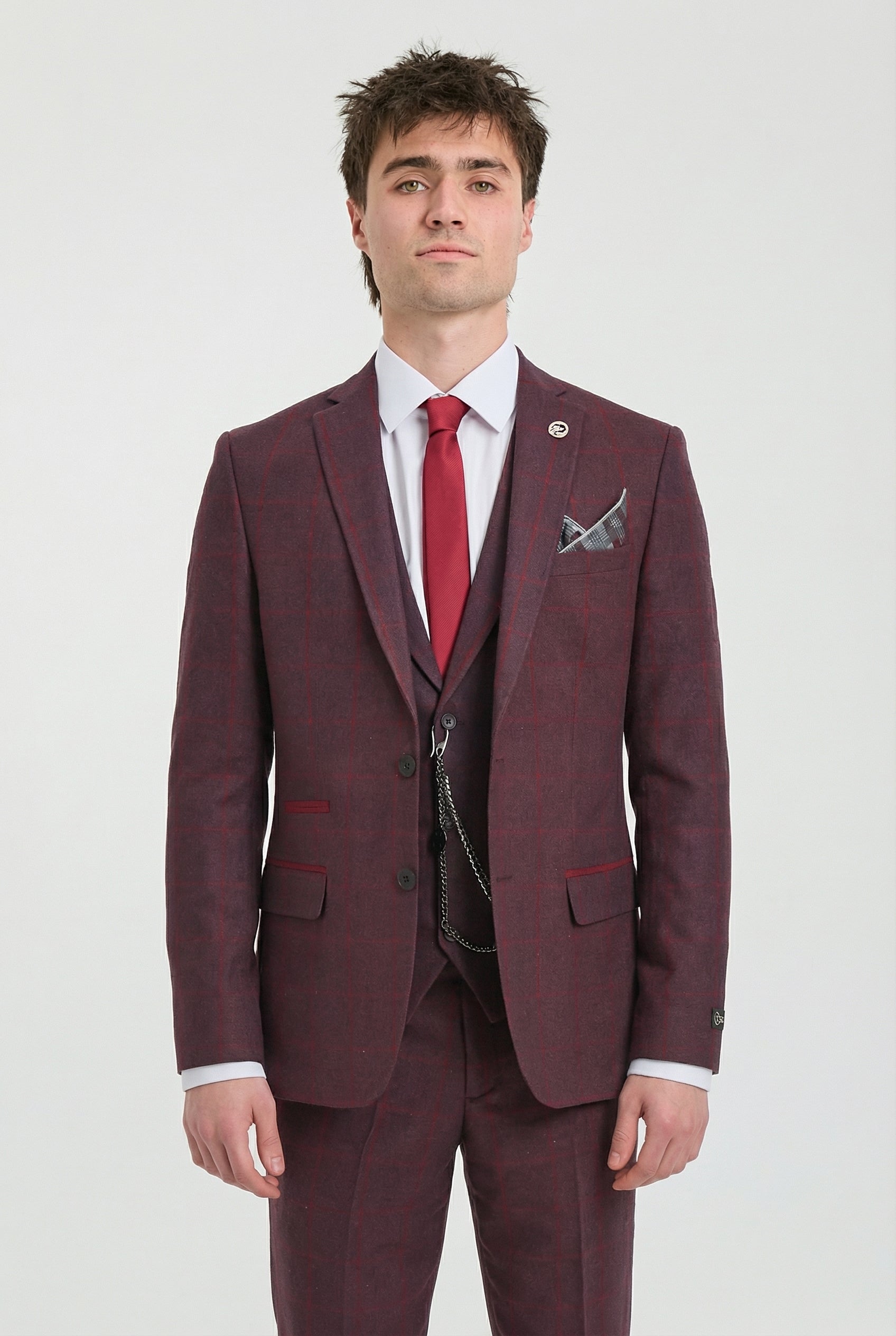 Traje de hombre de 3 piezas de tweed de lana color ciruela a cuadros, estilo Gatsby de los años 20.