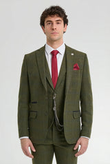 Traje de hombre de 3 piezas de lana tweed a cuadros verde, azul y marrón, estilo Gatsby de los años 20.