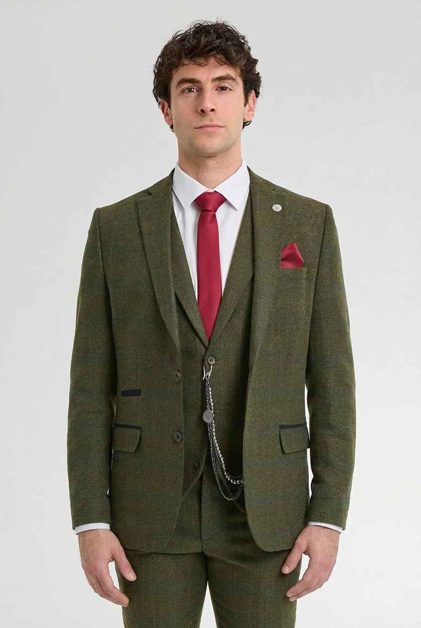 Traje de hombre de 3 piezas de lana tweed a cuadros verde, azul y marrón, estilo Gatsby de los años 20.