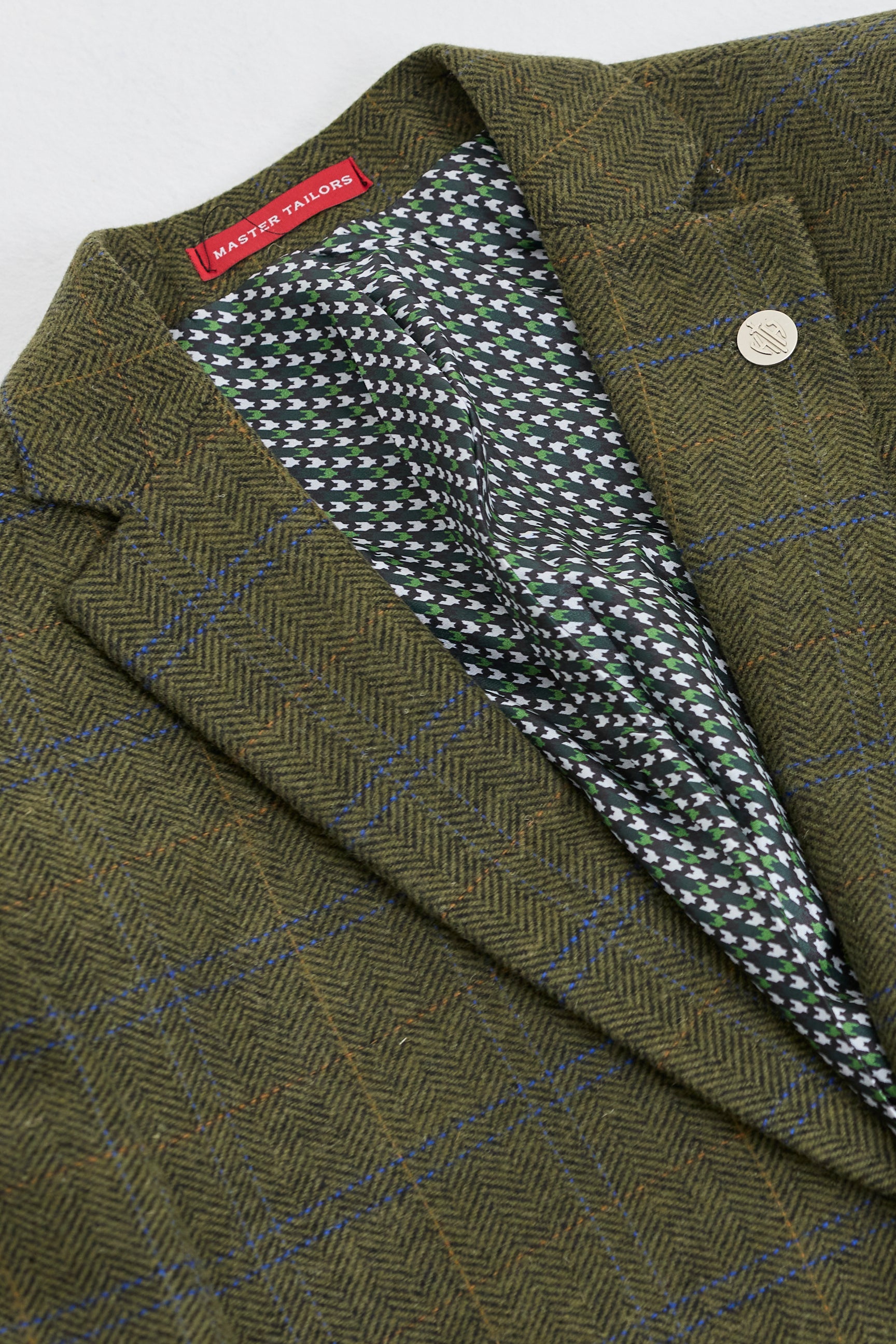 Traje de hombre de 3 piezas de lana tweed a cuadros verde, azul y marrón, estilo Gatsby de los años 20.