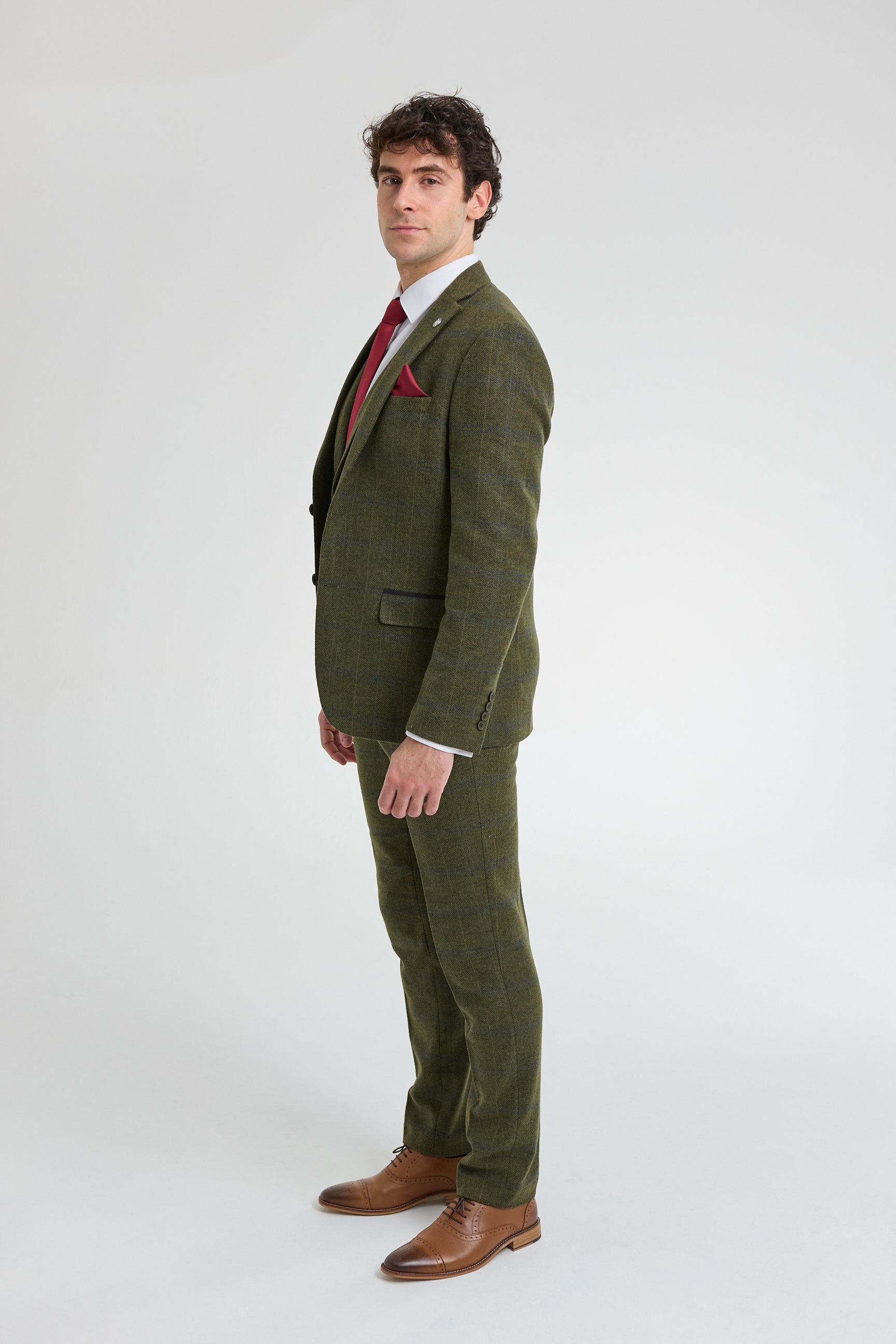 Traje de hombre de 3 piezas de lana tweed a cuadros verde, azul y marrón, estilo Gatsby de los años 20.
