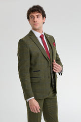 Traje de hombre de 3 piezas de lana tweed a cuadros verde, azul y marrón, estilo Gatsby de los años 20.