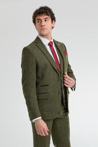 Traje de hombre de 3 piezas de lana tweed a cuadros verde, azul y marrón, estilo Gatsby de los años 20.