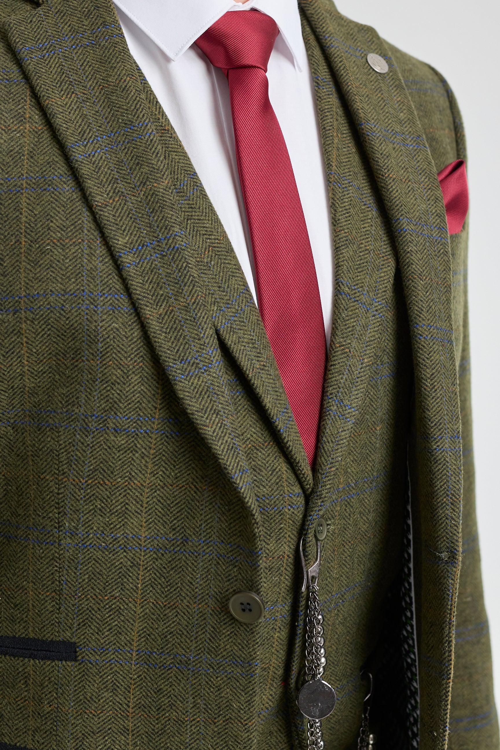 Traje de hombre de 3 piezas de lana tweed a cuadros verde, azul y marrón, estilo Gatsby de los años 20.