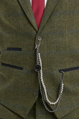 Traje de hombre de 3 piezas de lana tweed a cuadros verde, azul y marrón, estilo Gatsby de los años 20.