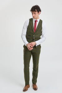 Traje de hombre de 3 piezas de lana tweed a cuadros verde, azul y marrón, estilo Gatsby de los años 20.