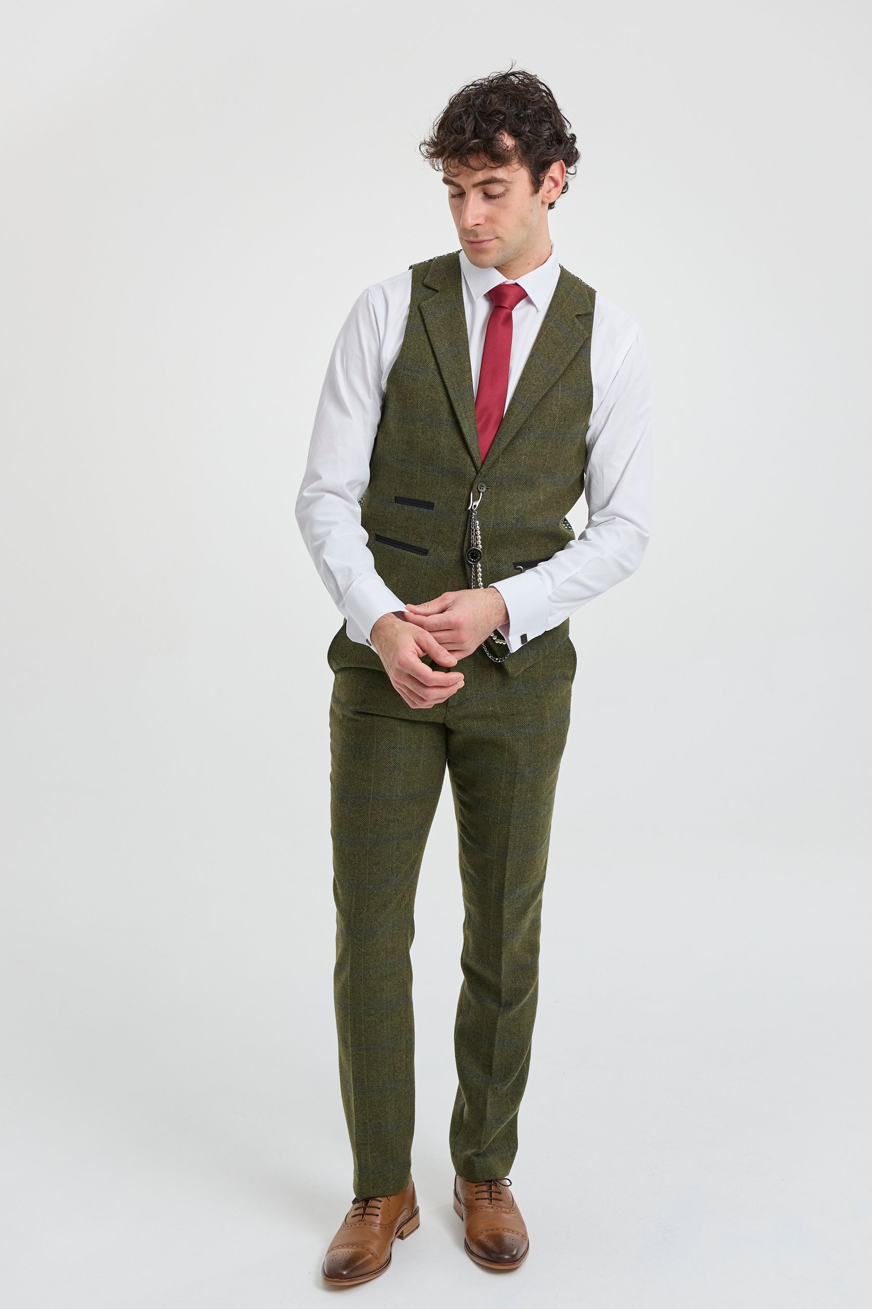 Traje de hombre de 3 piezas de lana tweed a cuadros verde, azul y marrón, estilo Gatsby de los años 20.