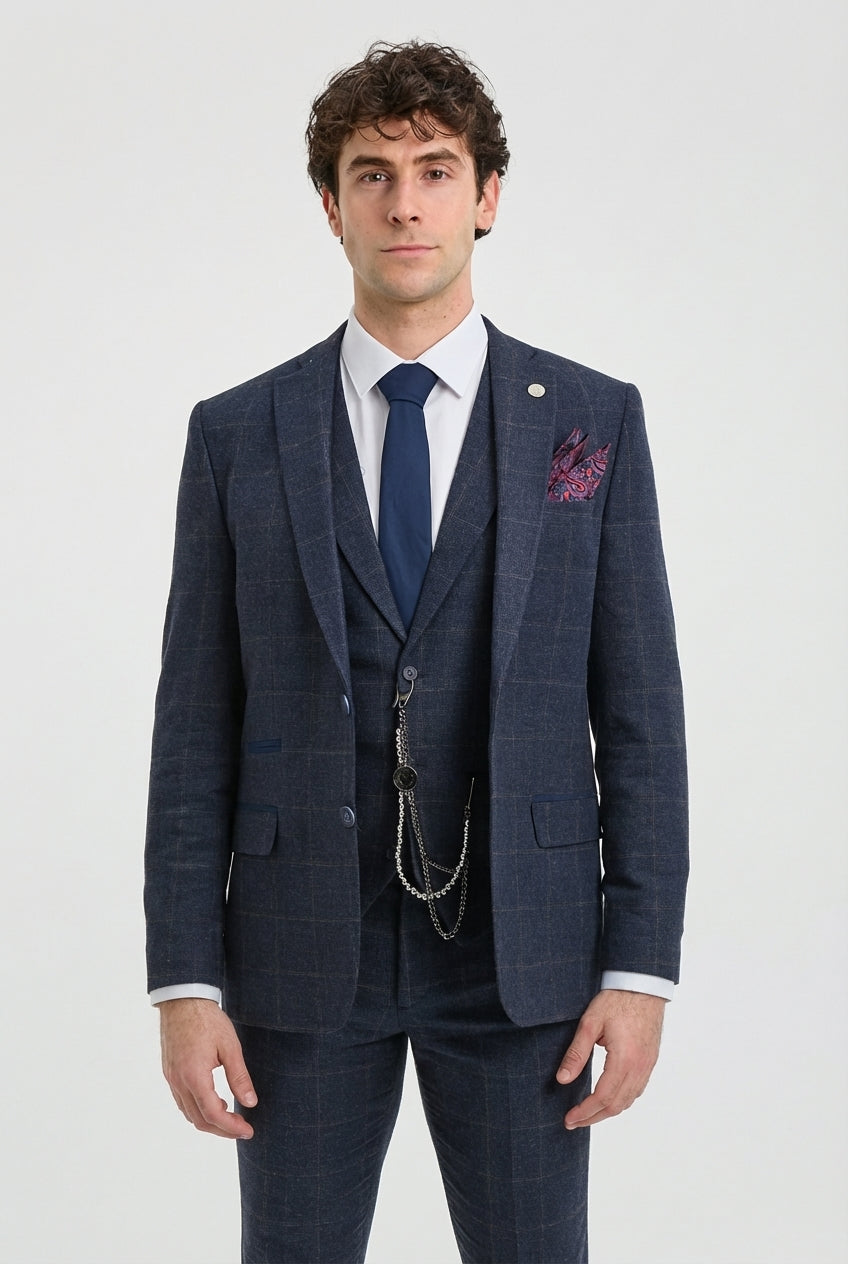 Traje de hombre de 3 piezas de lana tweed azul marino a cuadros marrones estilo Gatsby de los años 20