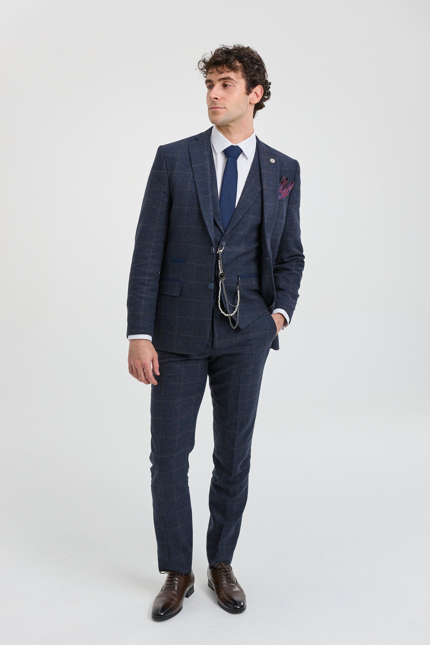 Traje de hombre de 3 piezas de lana tweed azul marino a cuadros marrones estilo Gatsby de los años 20
