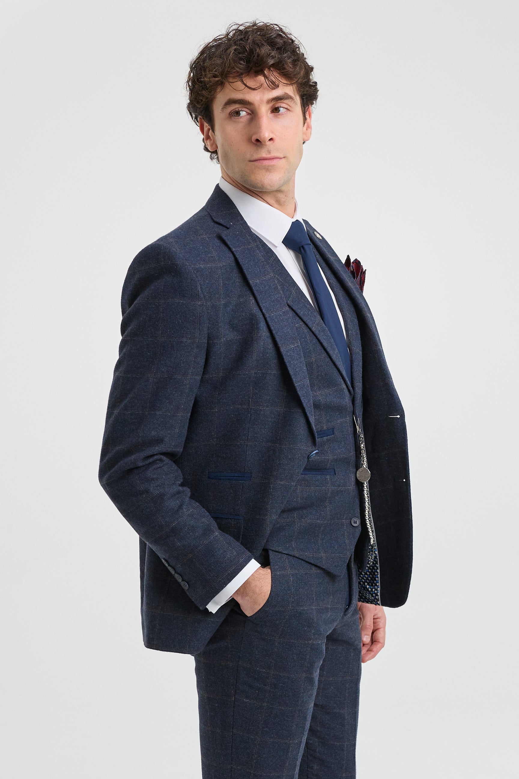 Traje de hombre de 3 piezas de lana tweed azul marino a cuadros marrones estilo Gatsby de los años 20