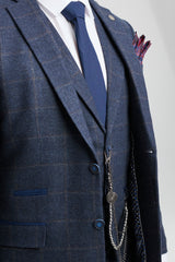 Traje de hombre de 3 piezas de lana tweed azul marino a cuadros marrones estilo Gatsby de los años 20