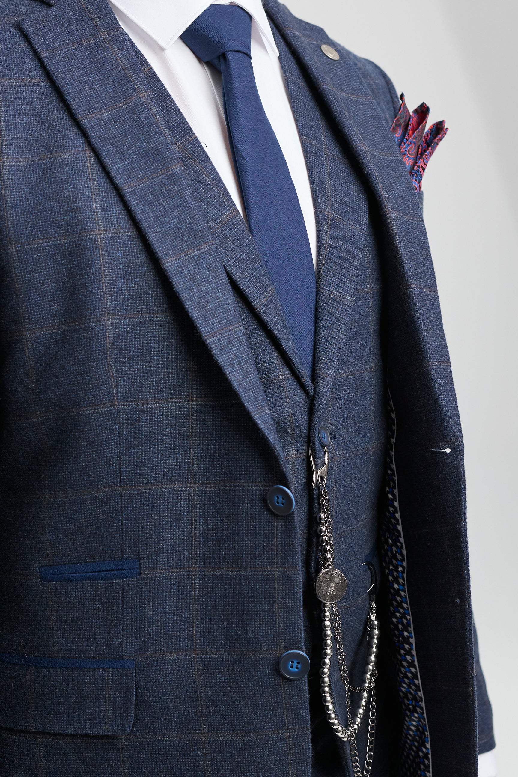 Traje de hombre de 3 piezas de lana tweed azul marino a cuadros marrones estilo Gatsby de los años 20