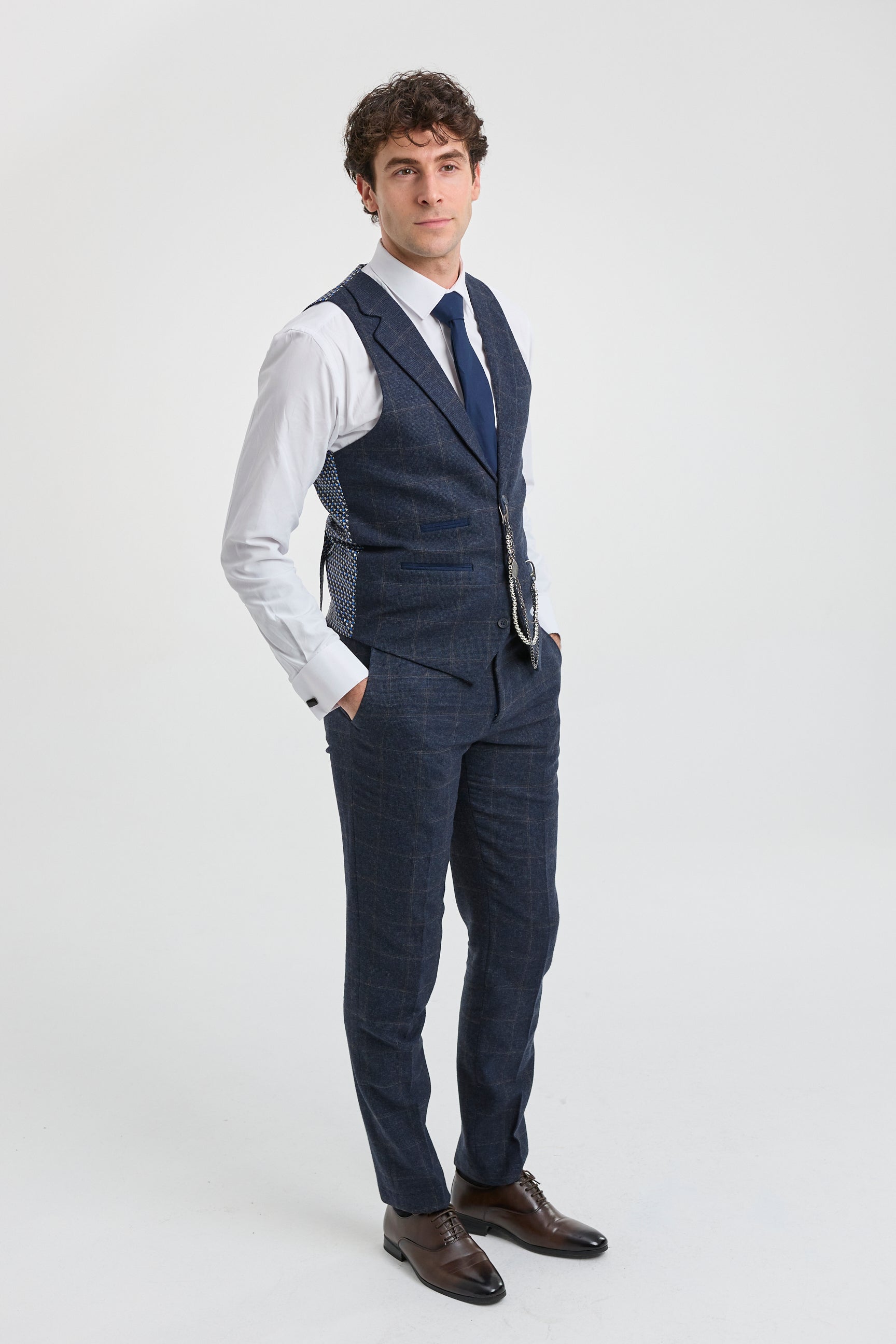 Traje de hombre de 3 piezas de lana tweed azul marino a cuadros marrones estilo Gatsby de los años 20