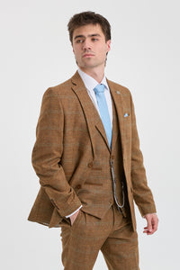 Traje de hombre de 3 piezas, lana tweed, espiga, cuadros color tostado, marrón y azul, estilo Gatsby de los años 20.
