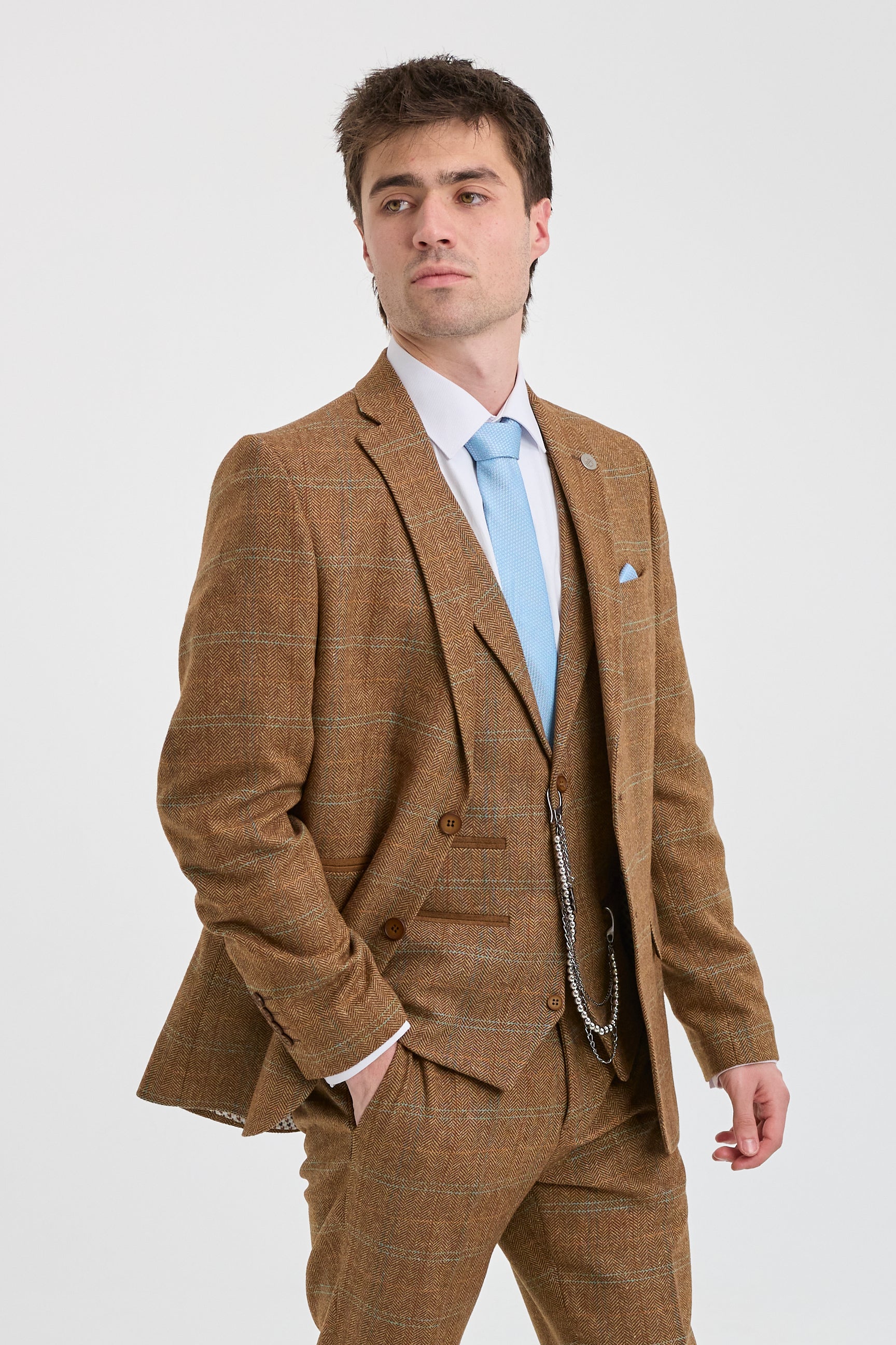 Traje de hombre de 3 piezas, lana tweed, espiga, cuadros color tostado, marrón y azul, estilo Gatsby de los años 20.