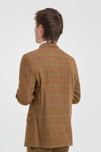 Traje de hombre de 3 piezas, lana tweed, espiga, cuadros color tostado, marrón y azul, estilo Gatsby de los años 20.