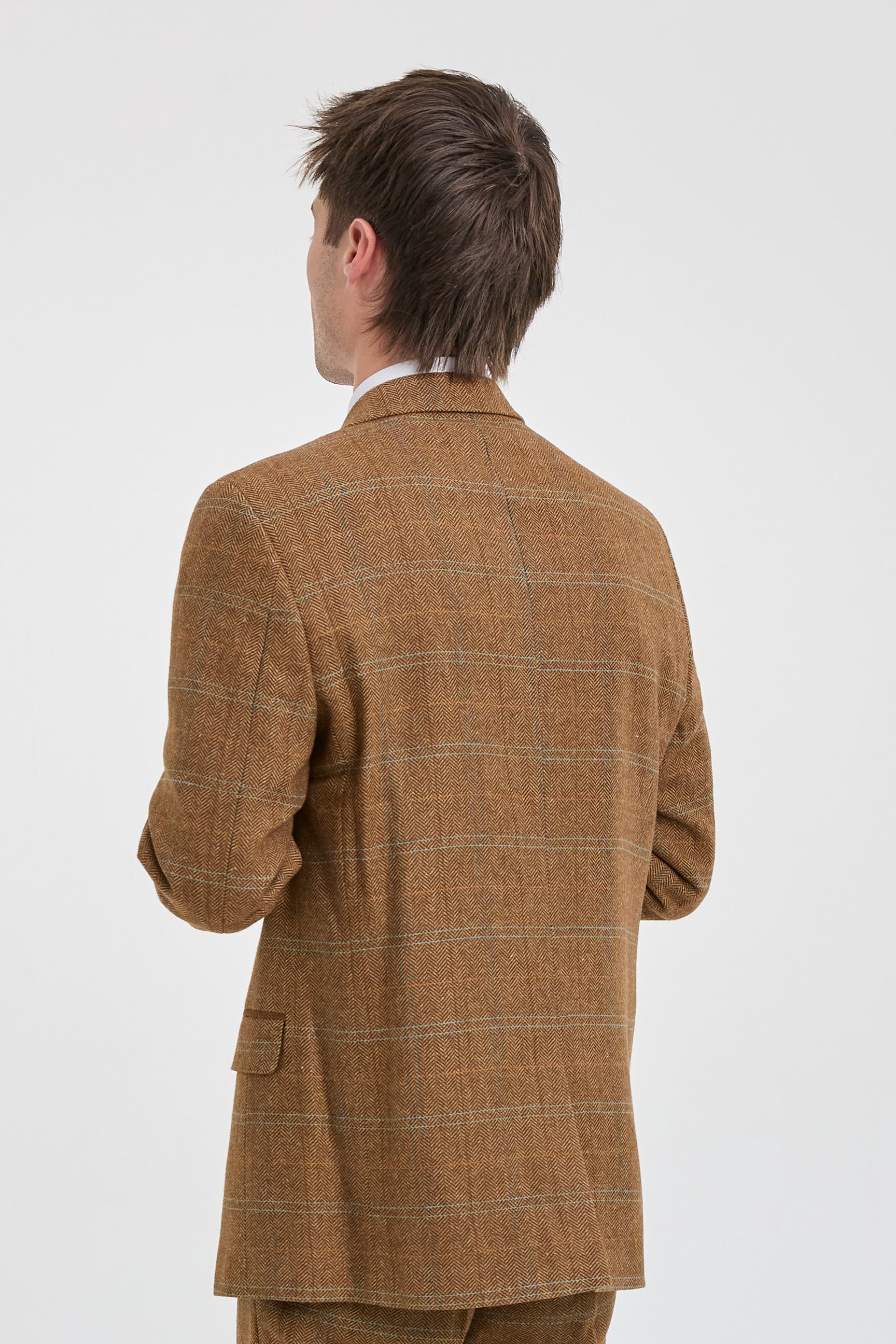 Traje de hombre de 3 piezas, lana tweed, espiga, cuadros color tostado, marrón y azul, estilo Gatsby de los años 20.