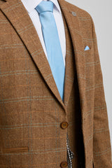 Traje de hombre de 3 piezas, lana tweed, espiga, cuadros color tostado, marrón y azul, estilo Gatsby de los años 20.
