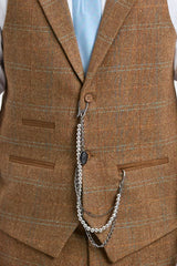 Traje de hombre de 3 piezas, lana tweed, espiga, cuadros color tostado, marrón y azul, estilo Gatsby de los años 20.