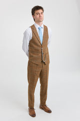 Traje de hombre de 3 piezas, lana tweed, espiga, cuadros color tostado, marrón y azul, estilo Gatsby de los años 20.