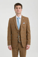 Traje de hombre de 3 piezas, lana tweed, espiga, cuadros color tostado, marrón y azul, estilo Gatsby de los años 20.