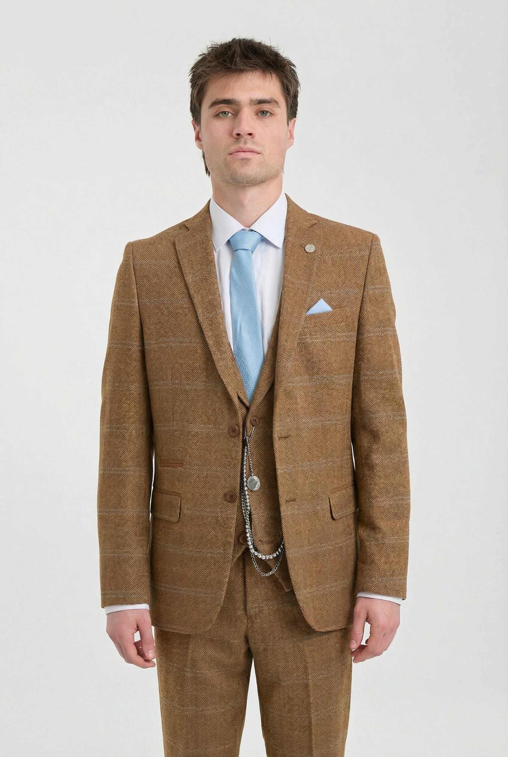 Traje de hombre de 3 piezas, lana tweed, espiga, cuadros color tostado, marrón y azul, estilo Gatsby de los años 20.