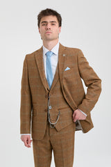 Traje de hombre de 3 piezas, lana tweed, espiga, cuadros color tostado, marrón y azul, estilo Gatsby de los años 20.
