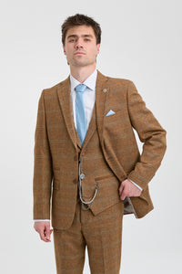 Traje de hombre de 3 piezas, lana tweed, espiga, cuadros color tostado, marrón y azul, estilo Gatsby de los años 20.