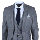 Traje de hombre de 3 piezas de lana tweed a cuadros azul claro y gris