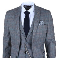 Traje de hombre de 3 piezas de lana tweed a cuadros azul claro y gris