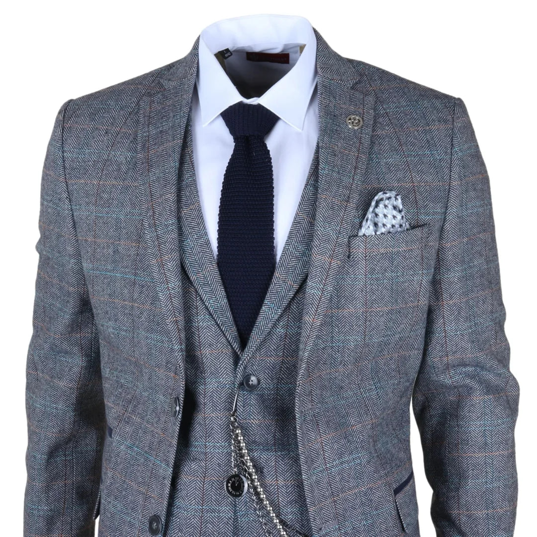 Traje de hombre de 3 piezas de lana tweed a cuadros azul claro y gris
