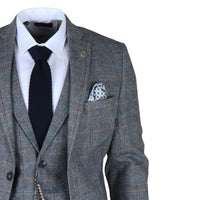 Traje de hombre de 3 piezas de lana tweed a cuadros azul claro y gris
