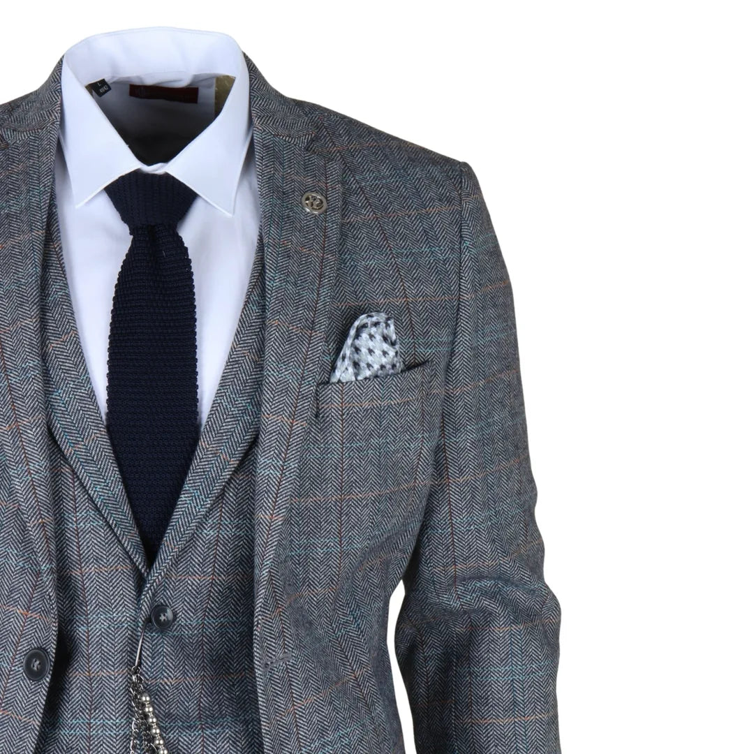 Traje de hombre de 3 piezas de lana tweed a cuadros azul claro y gris