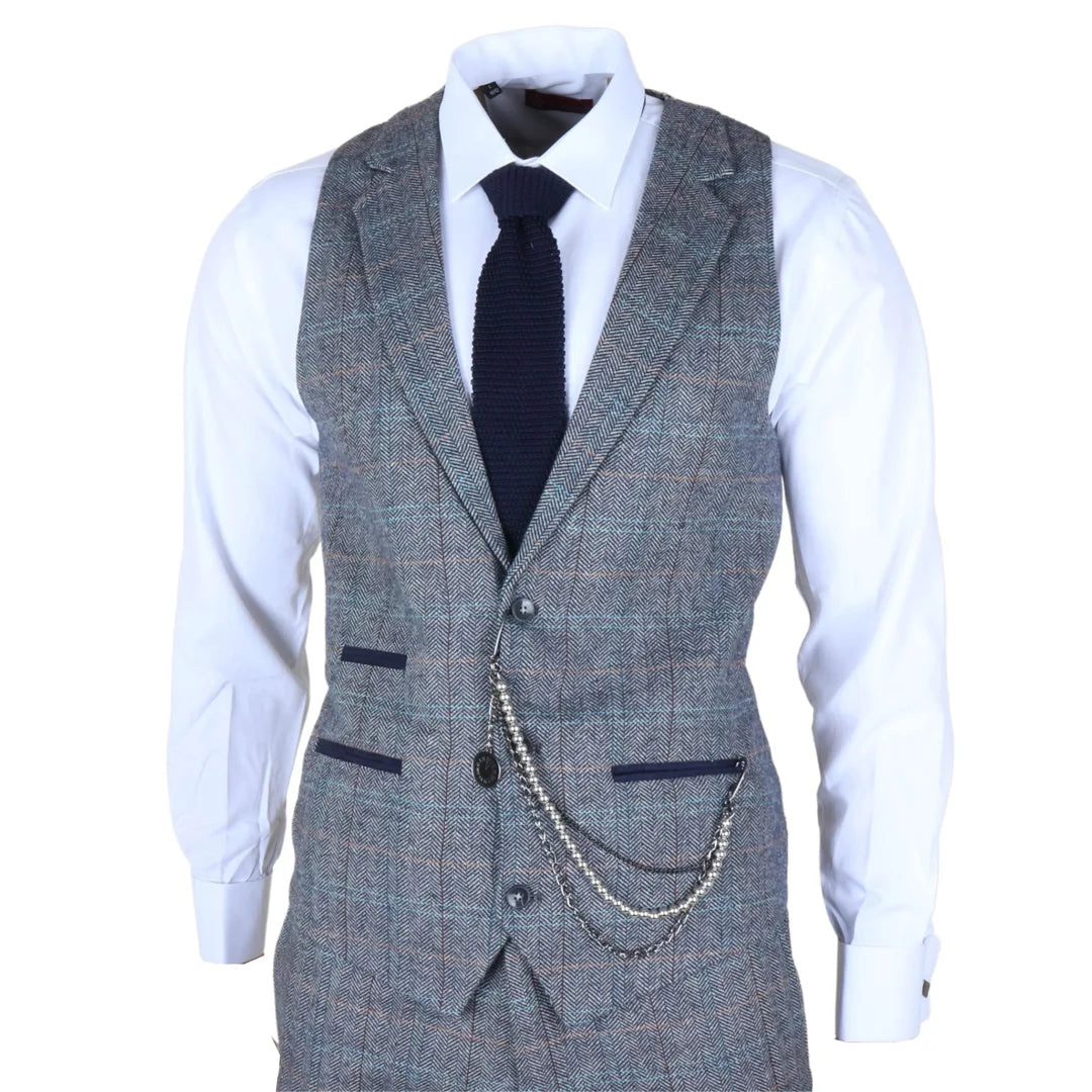 Traje de hombre de 3 piezas de lana tweed a cuadros azul claro y gris