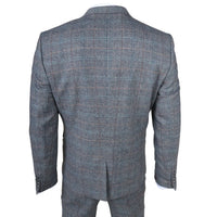 Traje de hombre de 3 piezas de lana tweed a cuadros azul claro y gris
