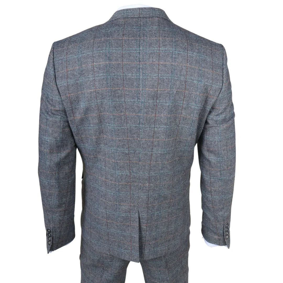 Traje de hombre de 3 piezas de lana tweed a cuadros azul claro y gris