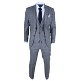 Traje de hombre de 3 piezas de lana tweed a cuadros azul claro y gris